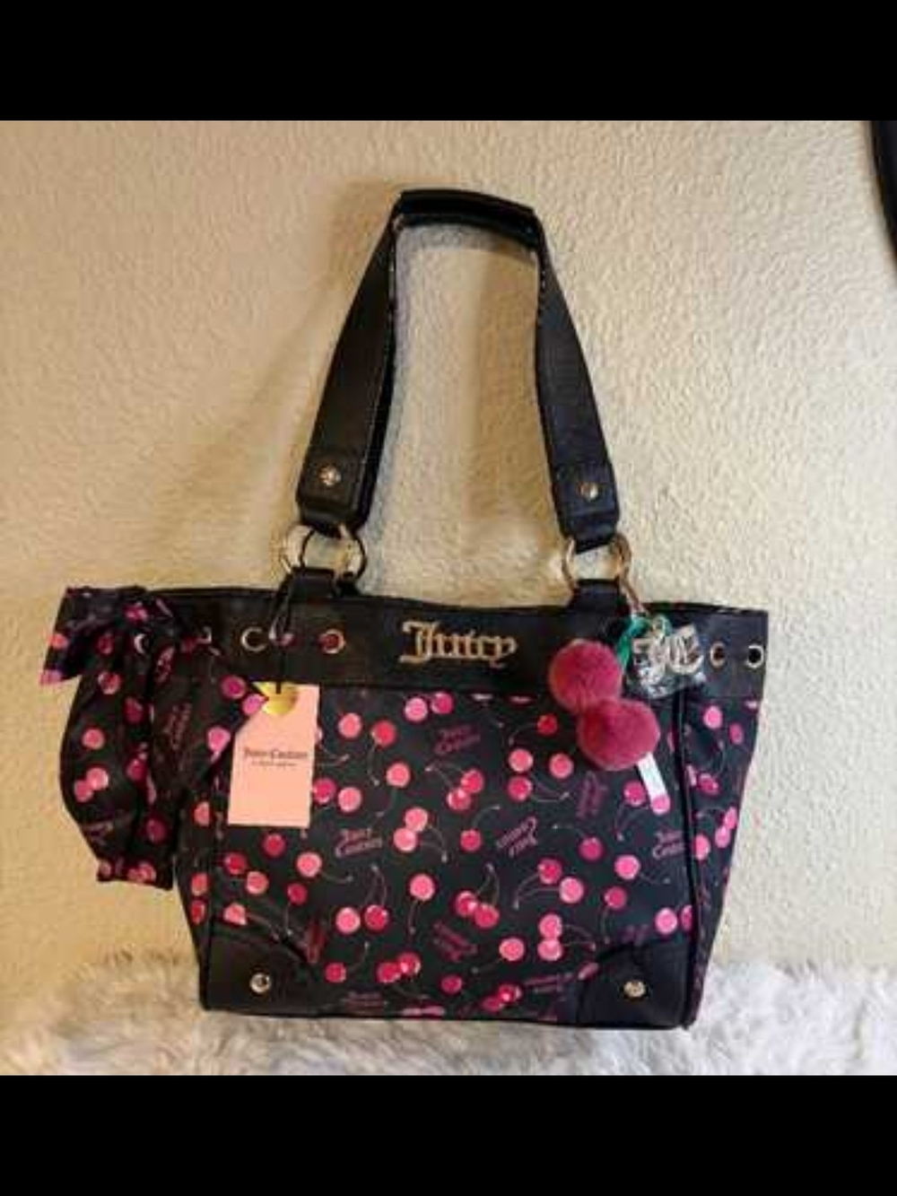 Juicy Couture Black Tote with Pink Cherry Print and Pom-Pom Charm